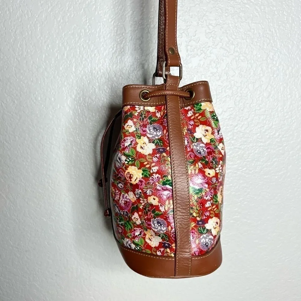 Vintage Kenzo Red Leather Floral Drawstring Bucket Bag Crossbody Chic Girly